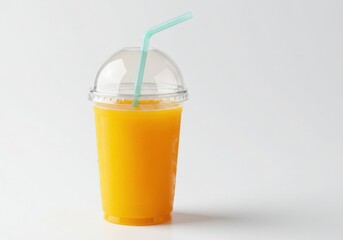 A cup of orange juice with a straw on a white background in a studio shot