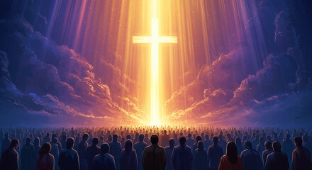 Crowd watching glowing cross in cloudy sky: rapture concept