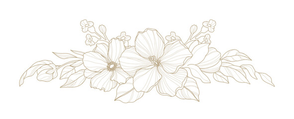 Hand drawn floral frame in line art style. Elegant composition of flowers, stems and leaves. Trendy botanical elements. Vector illustration 