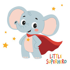 Cute Cartoon Elephant Little super hero. Cute animal in superhero costume. Children's illustration on white background