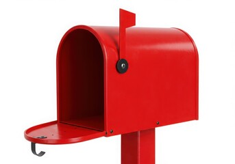 Isolated close up of a red usps mailbox with the door open and flag raised up