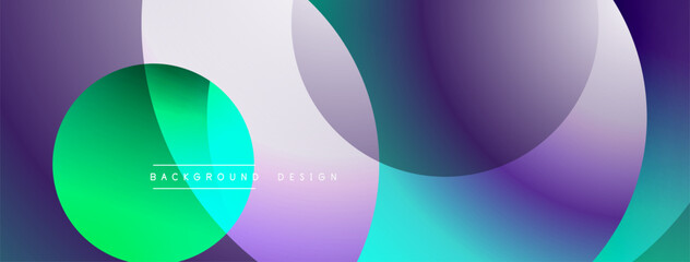 Abstract fluid shapes overlap, creating vibrant color gradients. Purple, green, blue hues blend smoothly. Modern design element.