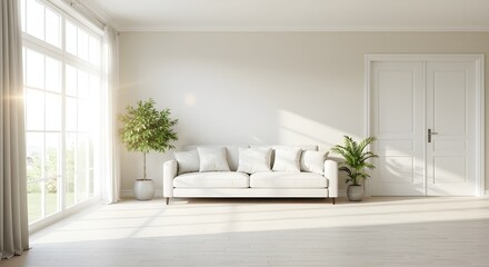 Fototapeta premium Luxury fully furnished modern living room with sofa and plants