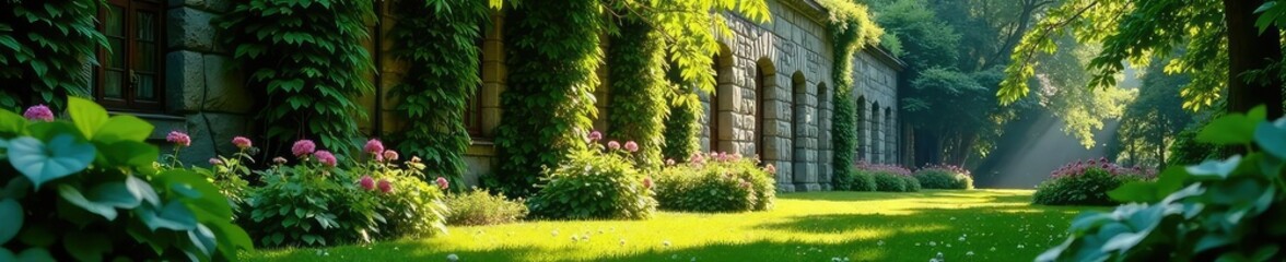 Fototapeta premium Sunlight filters through overgrown stone wall, foliage, shade, garden