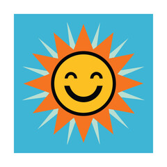 Cheerful smiling sun illustration with orange rays on a vibrant blue background for happiness themes