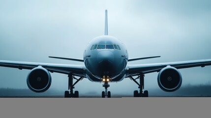Obraz premium Dramatic front view of a wide-body jet airliner on a rain-slicked runway