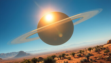 Celestial event saturn rising over desert landscape digital art cosmic serenity