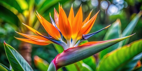 Tropical flower with unique regal crown, vibrant orange and yellow petals, long green stem , Strelitzia, tropical,  Strelitzia, tropical