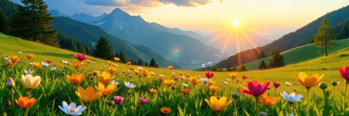 Sunny meadow at dawn with wildflowers blooming, mountains, alps, flowers