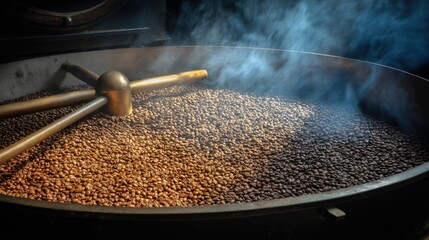 Coffee beans roasting in a large industrial drum with smoke rising close up shot of the process and equipment