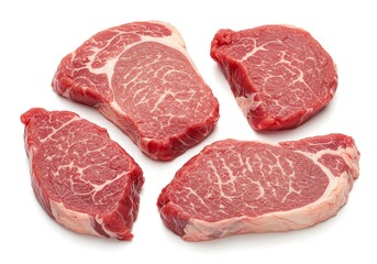 Four raw beef steaks arranged on a white background