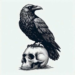 Raven Perched on Skull Ink Illustration