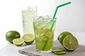 A refreshing green limeade is served in a glass with a green straw white background Ai generate.