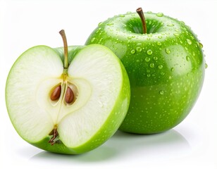 Fresh green apple with water droplets on the skin next to a sliced half showing crisp white flesh and seeds isolated on white