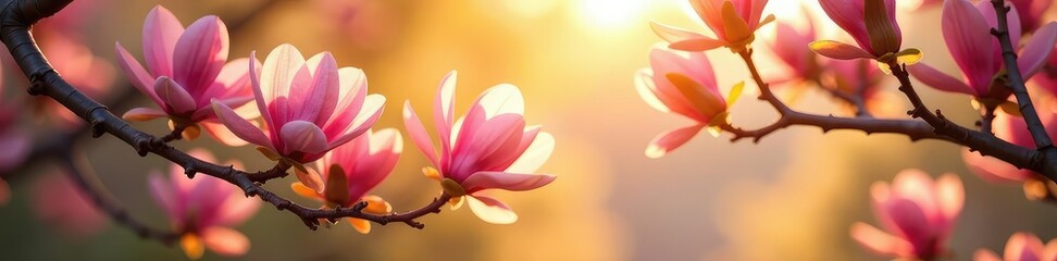 Naklejka premium The crown of a flowering magnolia tree is bathed in warm sunlight, natural light, serenity