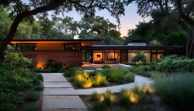 Modern home nestled within a lush garden at dusk.