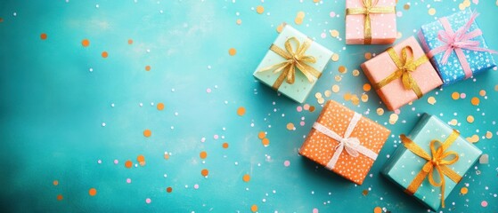 Fototapeta premium Colorful Gift Boxes with Ribbons and Confetti on Turquoise Background Flat Lay Festive Celebration Overhead