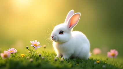 Obraz premium white rabbit on green grass, white rabbit on grass, 