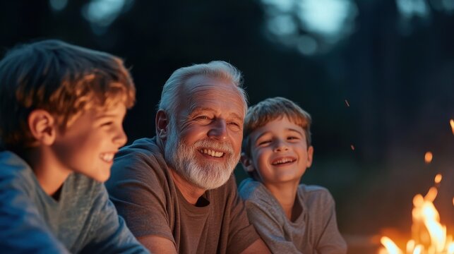 Warm Family Bonding Around Campfire at Twilight with Grandchildren