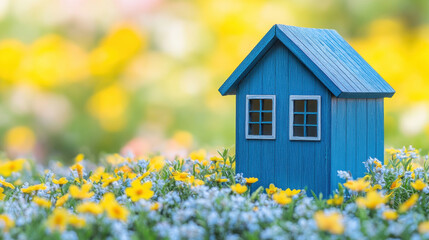 Obraz premium Small blue house model surrounded by vibrant flowers in garden setting creates cheerful and inviting atmosphere