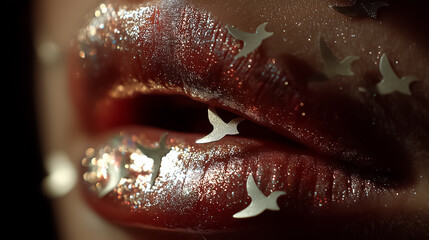 Obraz premium Extreme close-up of lips where every breath releases shimmering birds made of light, symbolizing freedom and soul expression
