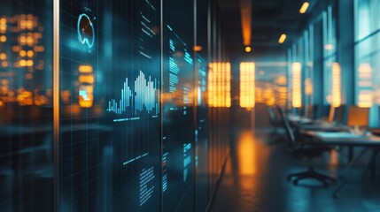 Modern Office with Data Visualization and Urban Cityscape at Night