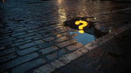 A reflective question mark in a puddle on a cobblestone street at night.
