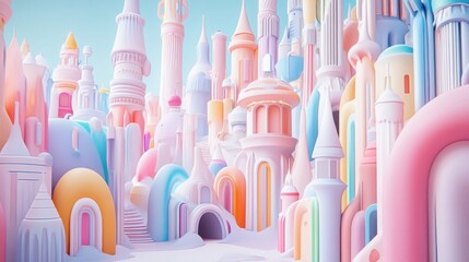Dreamy Pastel Cityscape View of Candy Colored Architecture Fantasy World Digital Art