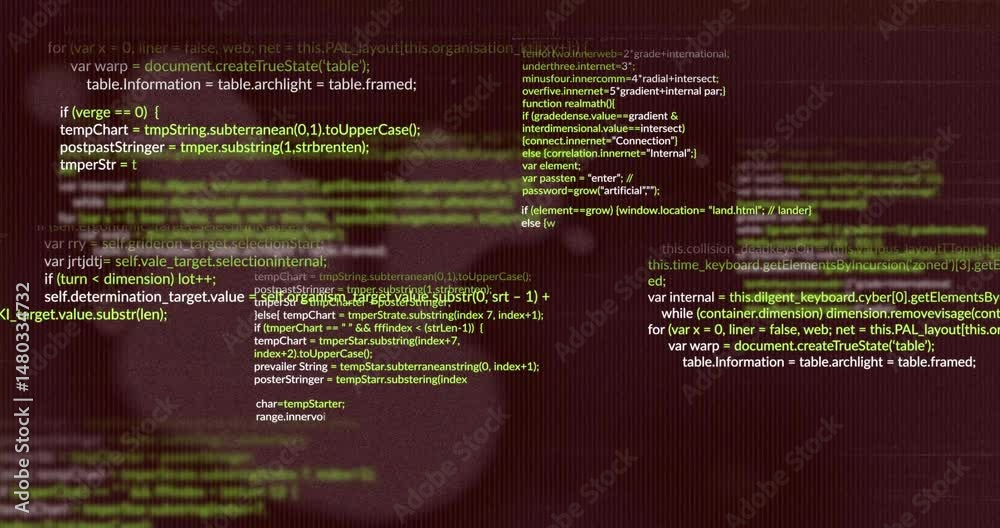 Aufkleber javascript code blocks flowing over maroon gradient screen in flat design, showing layered text
