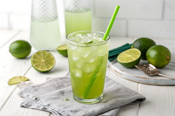 Fototapeta premium A refreshing green limeade a glass with green straw white background Ai generate.
