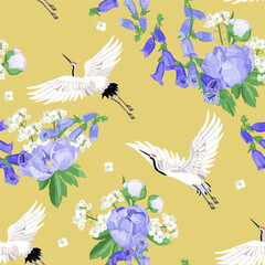 Seamless background with digitalis, peonies and cranes on beige background. For decoration textile, packaging, wallpaper. Vector illustration.