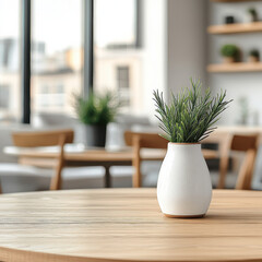 Modern vase with green plant sits wooden table bright, contemporary interior. space features large windows and minimalistic decor, creating serene