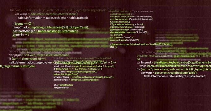 JavaScript code blocks flowing over maroon gradient screen in flat design, showing layered text