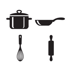 Cooking Icon Set Vector – Black Silhouettes of Pots, Pans, and Kitchenware