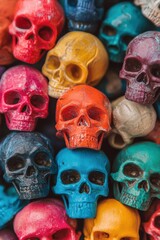 Colorful Skull Pile Close Up Still Life Photography from Above in Mexico Day of the Dead Celebration