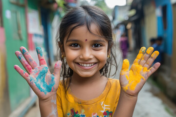 Young girl with hands painted in bright colors, laughing joyfully at a messy paint station, creating a vibrant masterpiece.