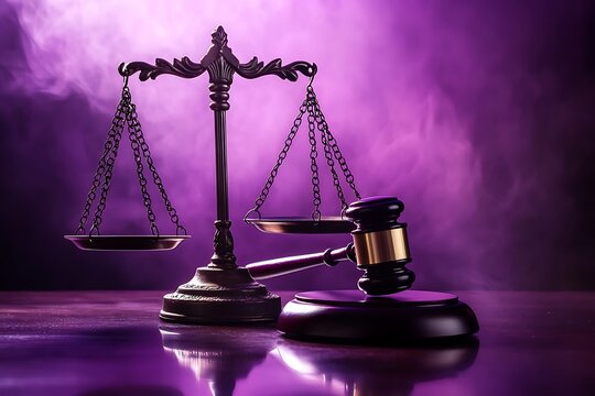 Gavel and law scales on violet background justice concept.