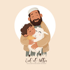Illustration of a father and son lovingly holding a white lamb, celebrating Eid-Al-Adha, symbolizing themes of warmth, family, tradition, and the joy within cultural and religious festivities.