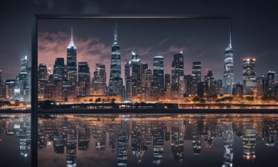 Obraz premium Modern poster mockup, urban skyline reflected, cityscape, photo, architecture