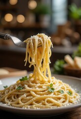 Homemade fettuccine alfredo with creamy sauce, parmesan shavings, and fresh parsley. Fork twirling pasta, bokeh background - cozy Italian kitchen lighting
