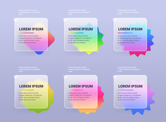 Six glass morphism infographic square panels set with different shape form. Vector template illustration