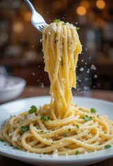 Homemade fettuccine alfredo with creamy sauce, parmesan shavings, and fresh parsley. Fork twirling pasta, bokeh background - cozy Italian kitchen lighting
