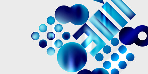 Abstract composition. Blue spheres, rectangles create dynamic visual effect. Minimalist design, clean background. Modern aesthetic.