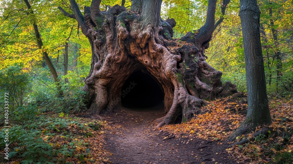 Poster majestic ancient tree with a hollow trunk forming a dark cave-like opening in an autumnal forest.