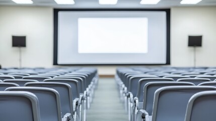 Spacious Conference Room with Rows of Chairs Ready for Presentation