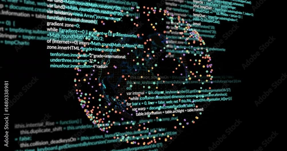Poster digital globe visualization floating centrally showing code overlays and colored data markers