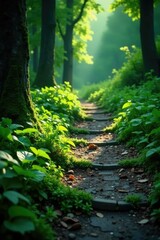 Weeds growing through the cracks in a stone pathway, forest floor, overgrowth, eerie