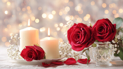 Romantic Red Roses and Candles with Soft Bokeh Lights