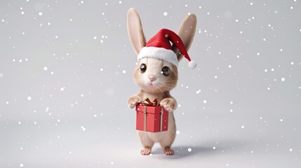 A cute rabbit wearing a Santa hat holds a wrapped Christmas gift box in its hands. It stands against a simple background with snowflakes gently falling.
