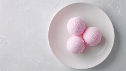 Tres mochis rosados sobre un plato blanco sobre un fondo blanco.